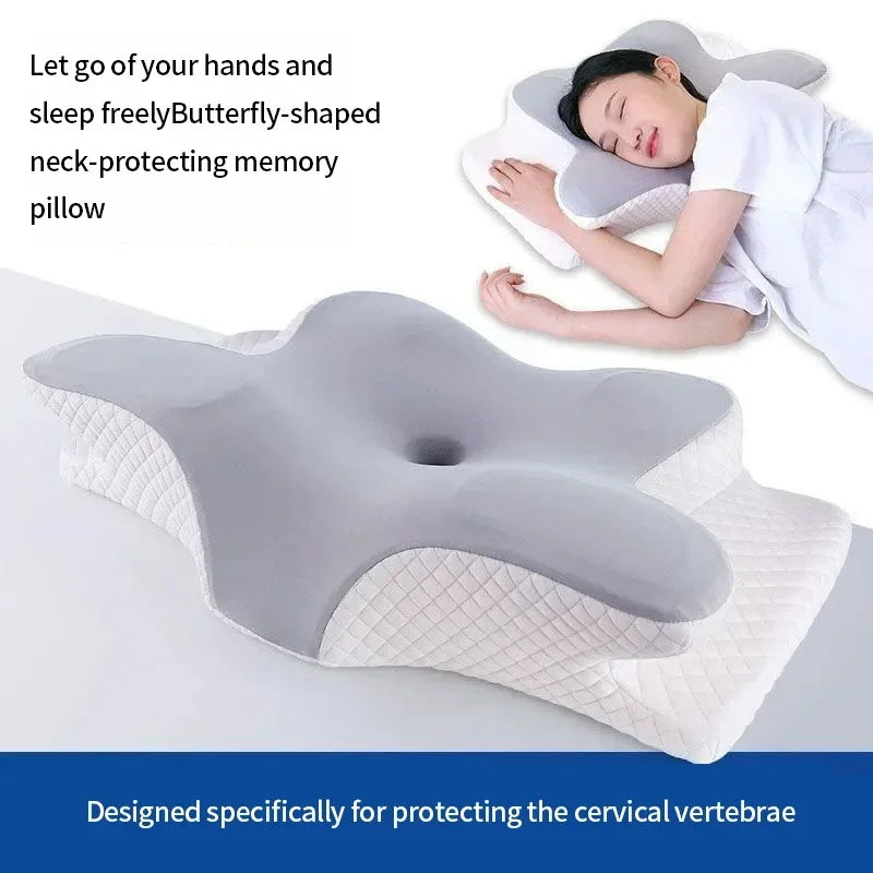 A butterfly-shaped memory foam pillow designed for neck protection and cervical vertebrae support.