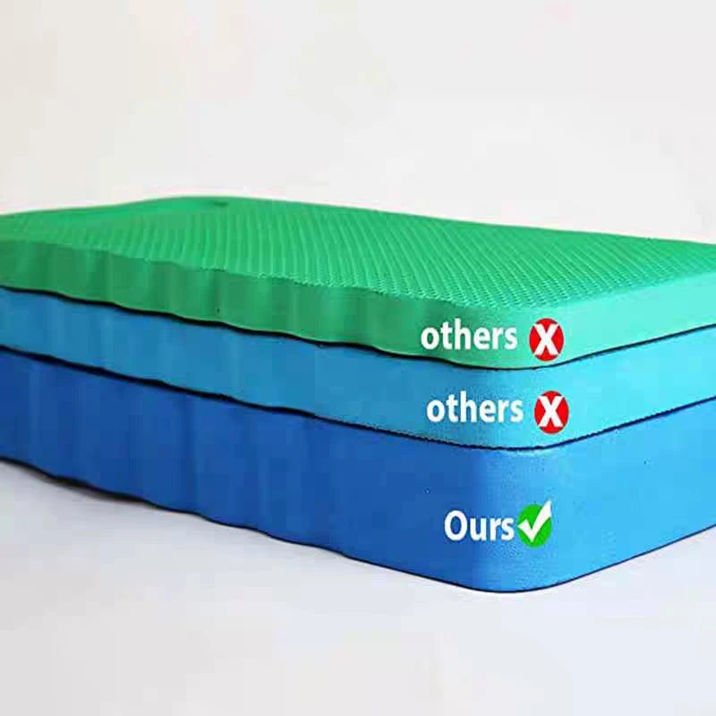 A stack of green and blue protective kneeling mats, with labels indicating others and ours.