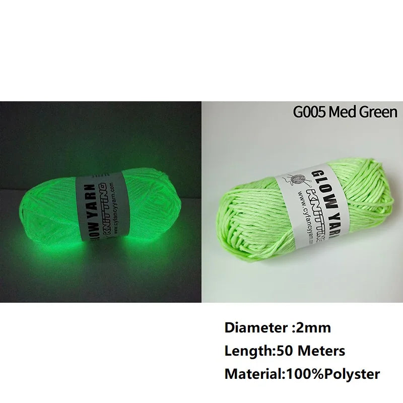 Green glow yarn labeled G005 Med Green, 2mm diameter, 50 meters long, made of 100% polyester.