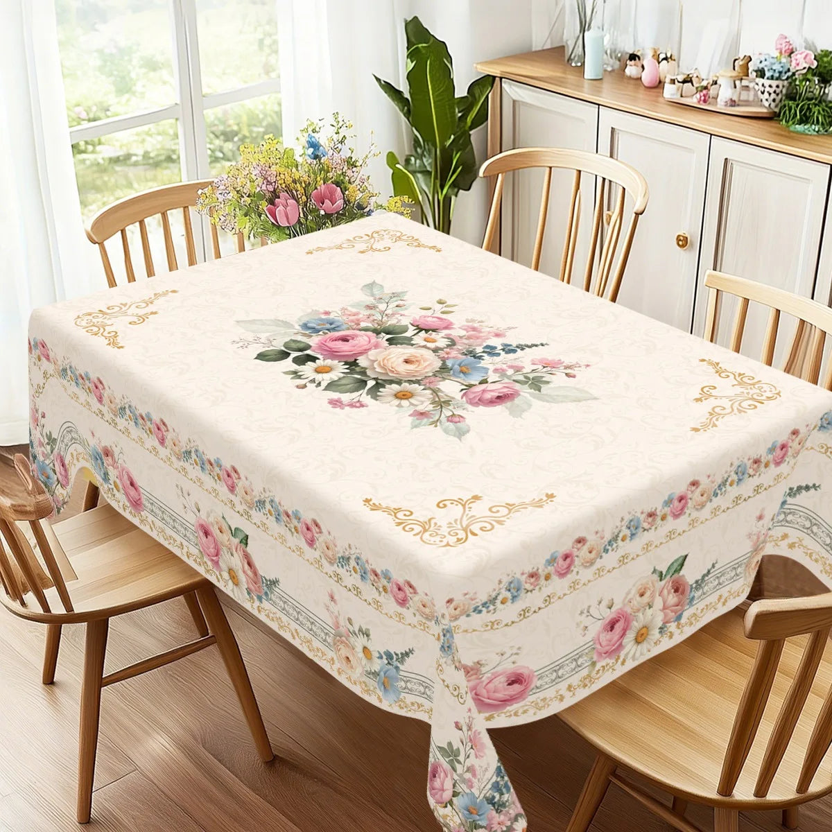 A vintage pink rose sunflower floral tablecloth spread on a wooden dining table with light wood chairs.