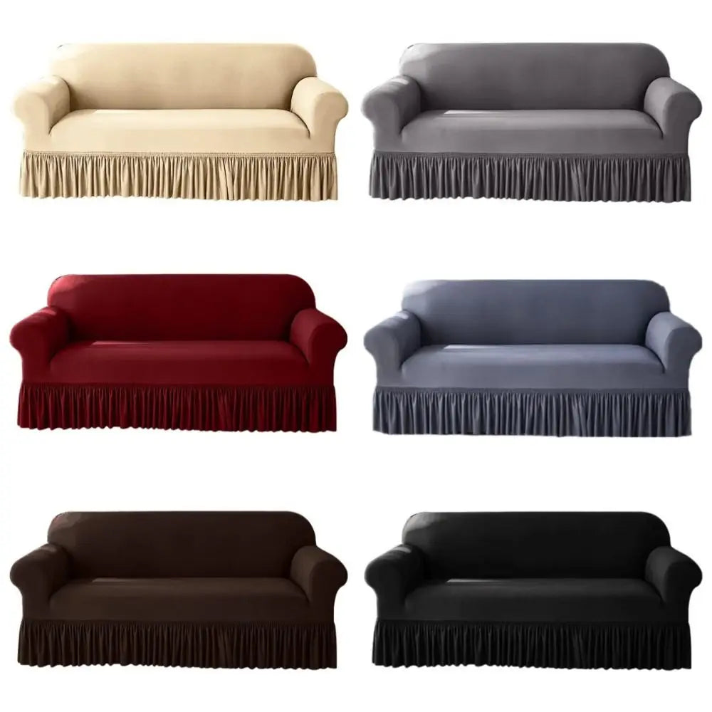 Four dustproof stretch sofa slipcovers in beige, gray, red, and black with ruffled hems.