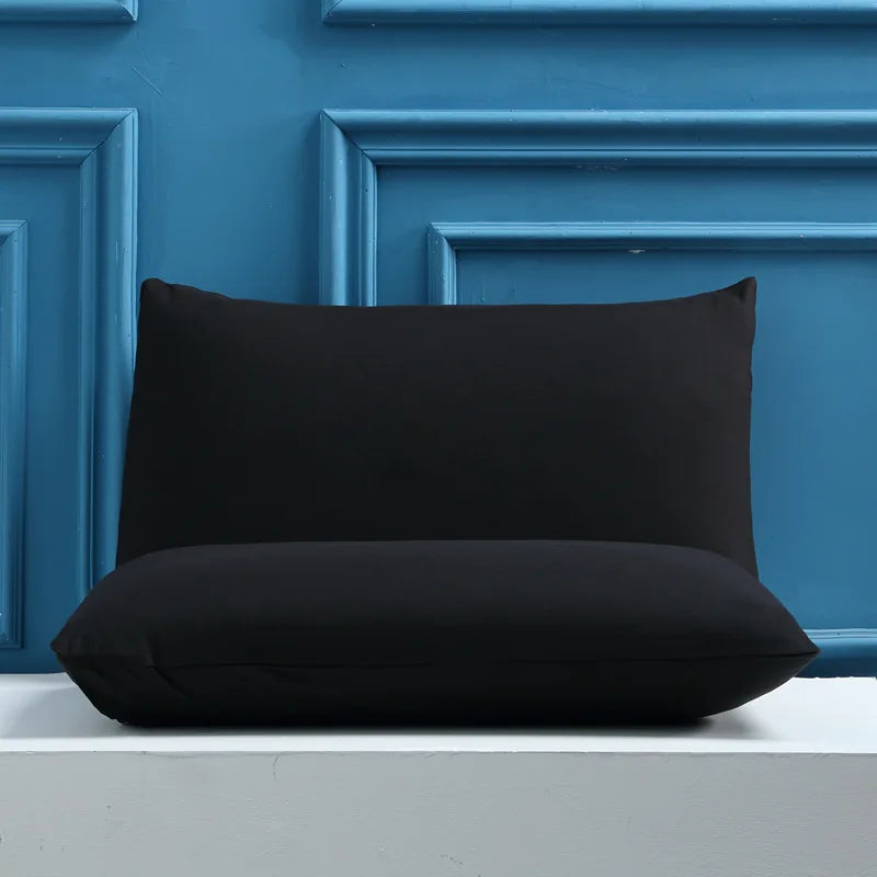 A pair of black soft brushed microfiber pillow covers displayed against a blue paneled wall.