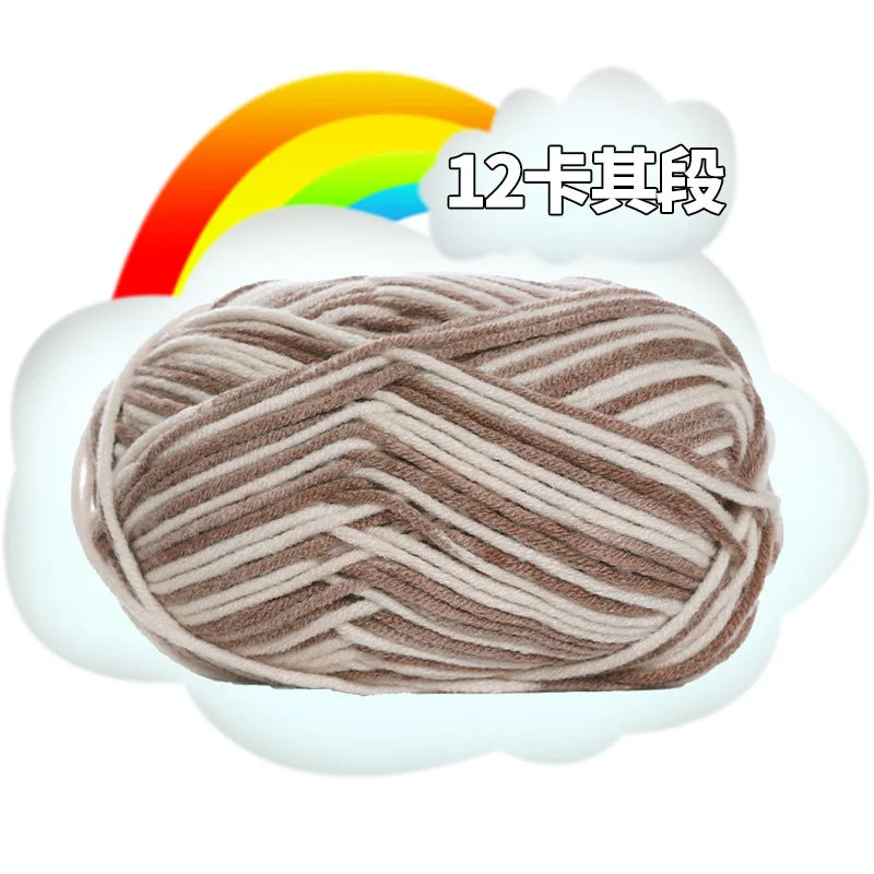 A ball of brown yarn is shown inside a white cloud, with a rainbow arching above and text indicating 12-count knitting.