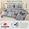 Gray duvet cover set with black butterfly print and size reference notes for bed dimensions