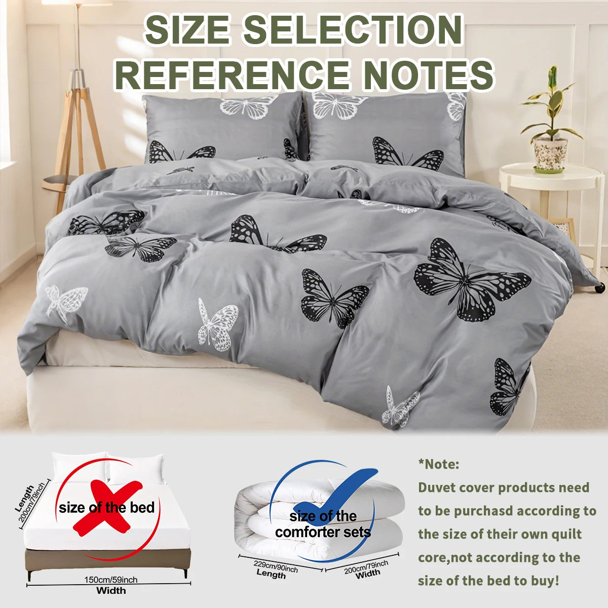 Gray duvet cover set with black butterfly print and size reference notes for bed dimensions