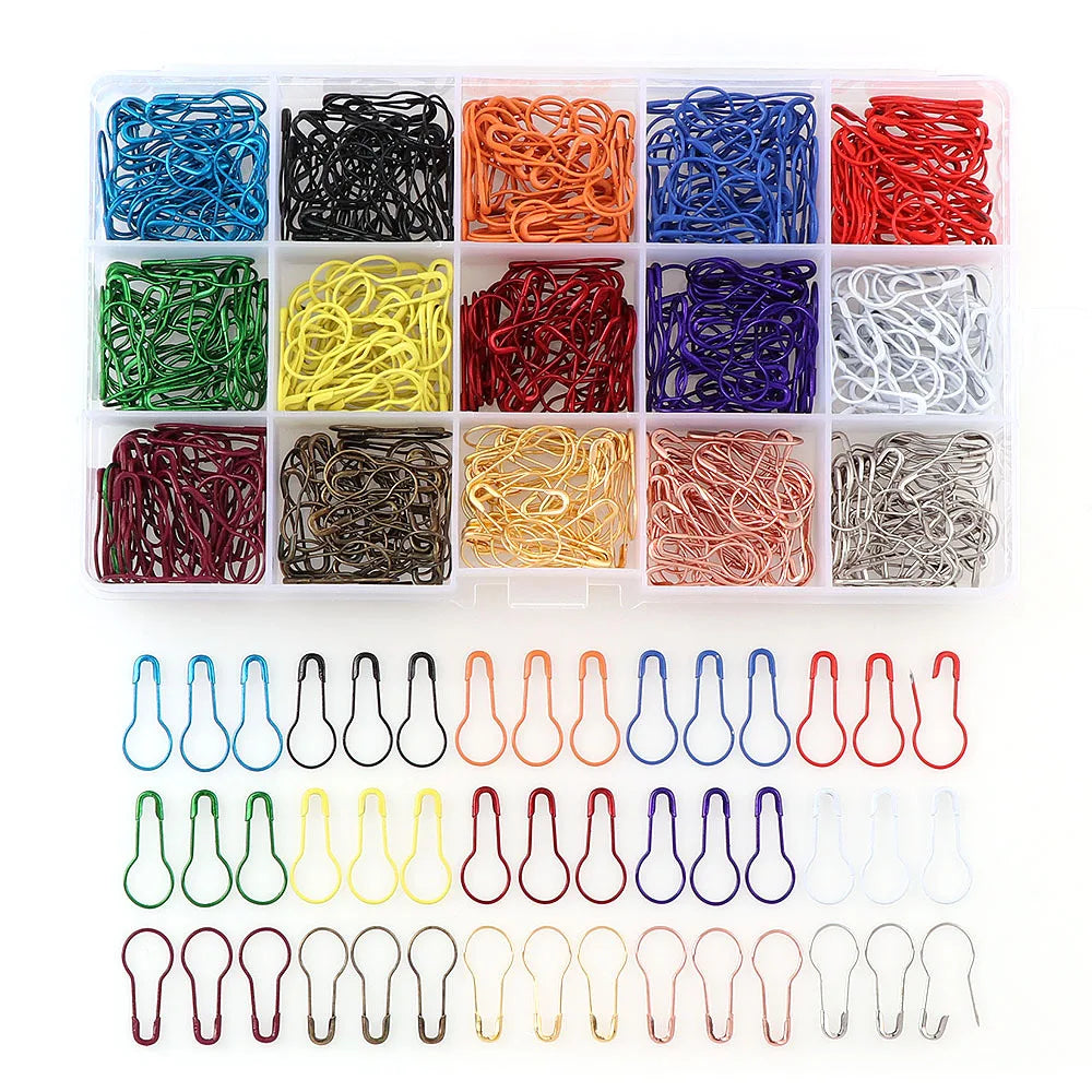 A collection of 100 colorful safety bulb pins for knitting and sewing, packaged in compartments.