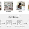 Instructions for using a minimalist black and white decorative pillow cover: fluff, fold in half, put into the pillow cover, 
