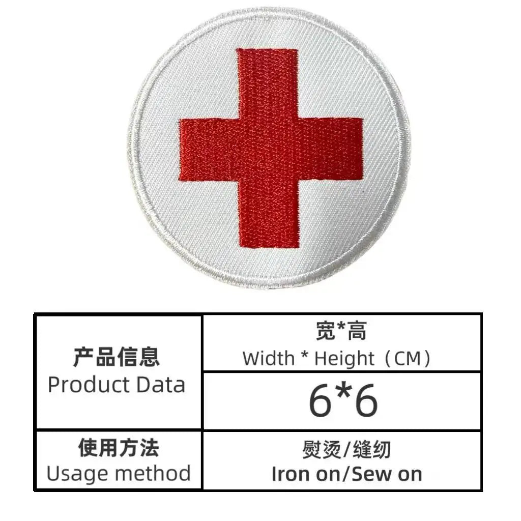 Red embroidered cross patch with white border for tactical use