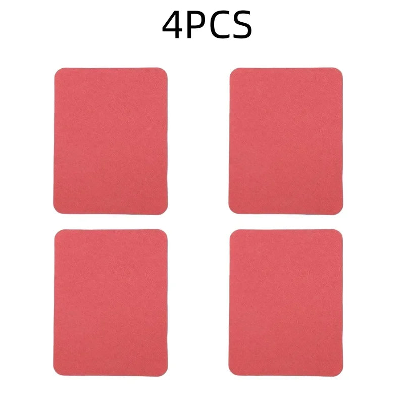 Four pink iron-on fabric repair patches are displayed in a grid format.