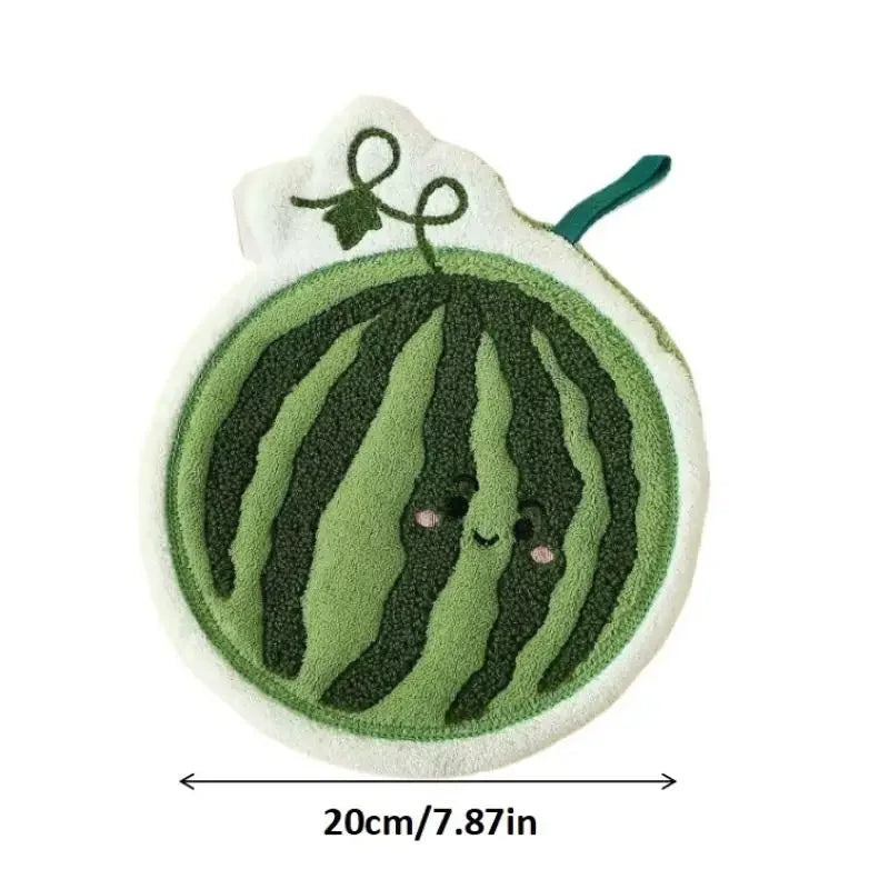 A green watermelon shaped coral fleece hanging hand towel with a leaf detail.