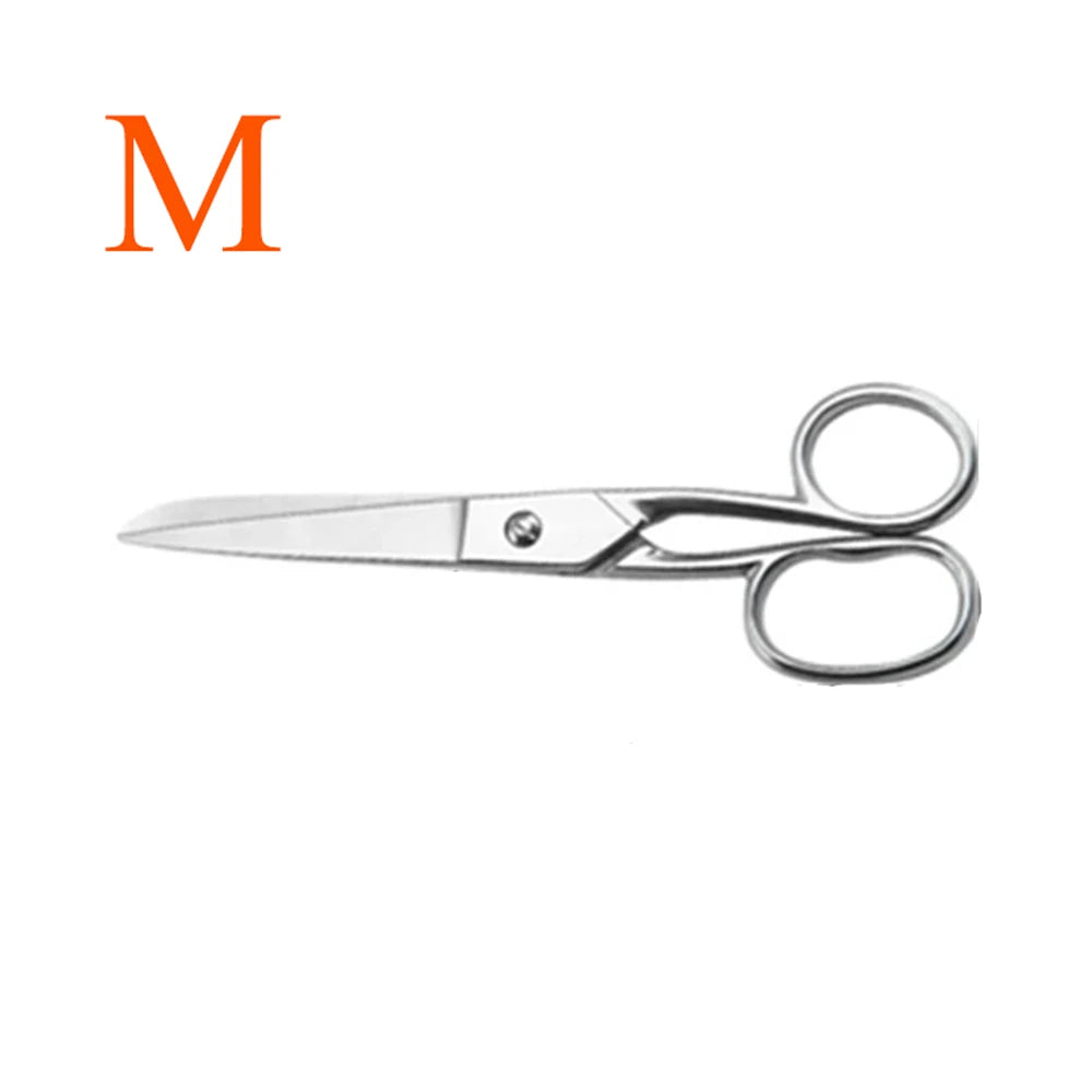 A pair of professional stainless steel sewing scissors with silver blades and rings.