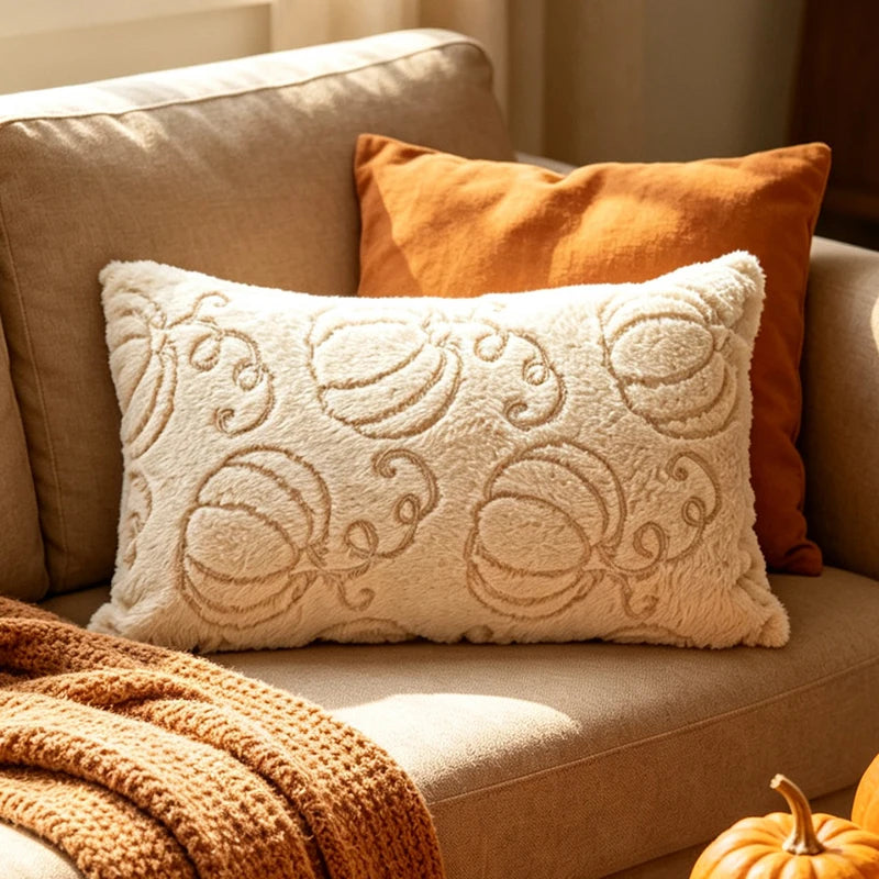 A beige sofa features a white fuzzy maple leaf throw pillow and an orange accent pillow, with a golden pumpkin visible.