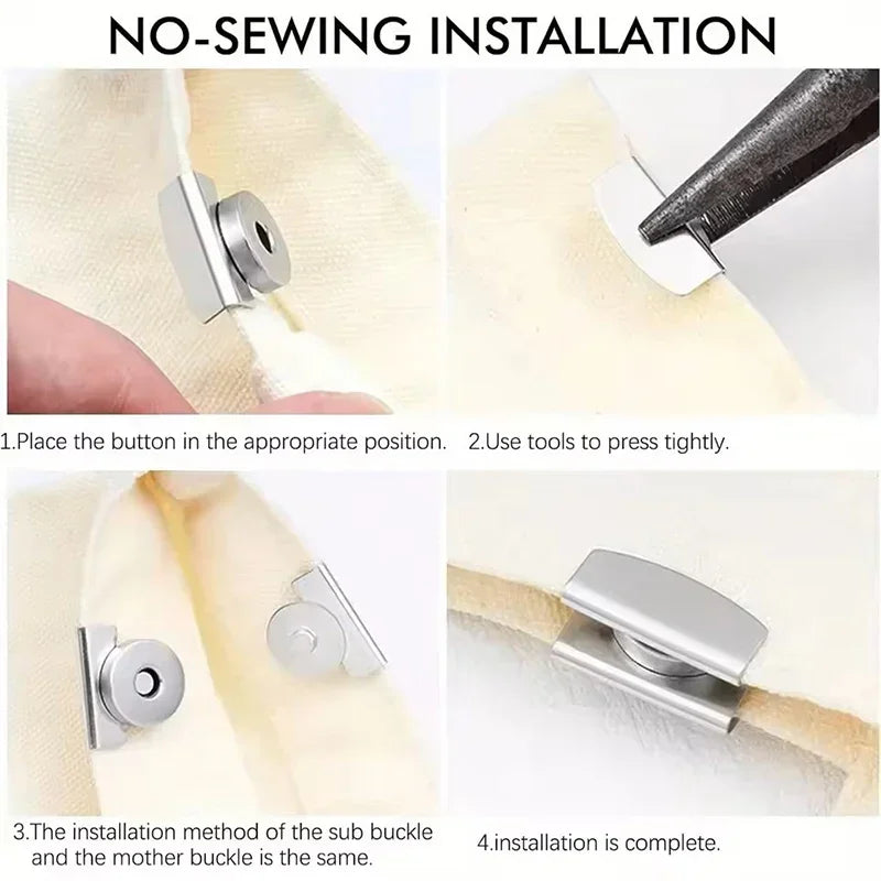 Demonstration of no-sewing installation for metal seamless magnetic closure buckles on a piece of fabric.