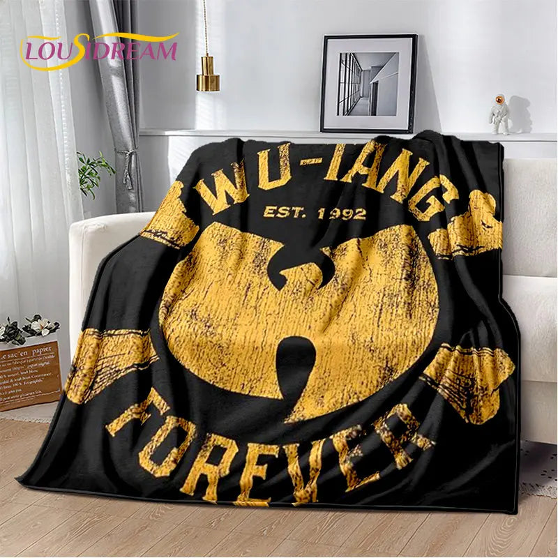 A black flannel throw blanket featuring a large golden eagle design with the text WU-IANG EST. 1992 and FOREVER