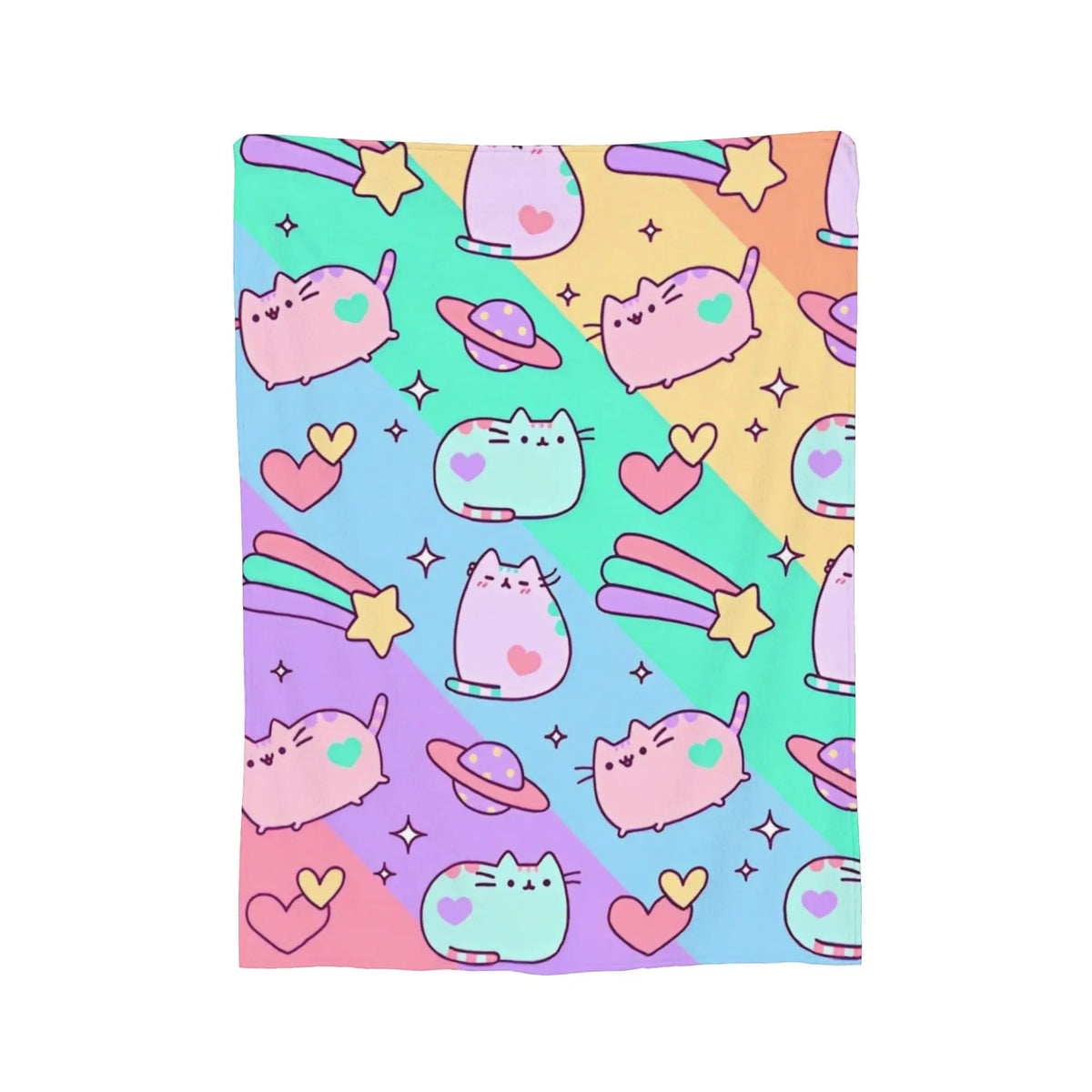 A colorful throw blanket featuring various cute cat illustrations and stars on a pastel background.