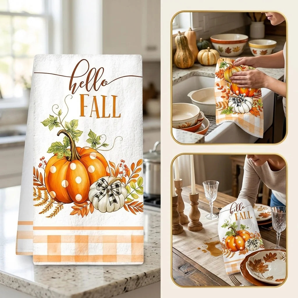 Two hello fall kitchen towels featuring pumpkins and plaid designs displayed on a countertop.