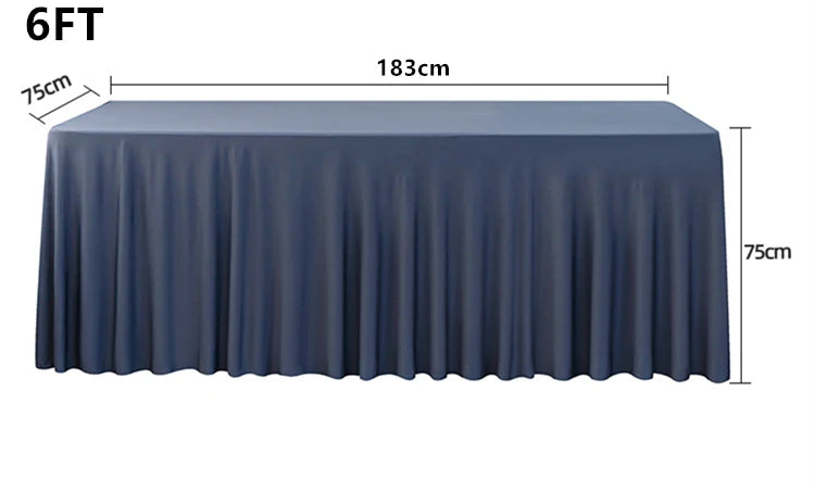 A dark blue rectangular tablecloth measuring 6ft by 183cm, draped over a table.