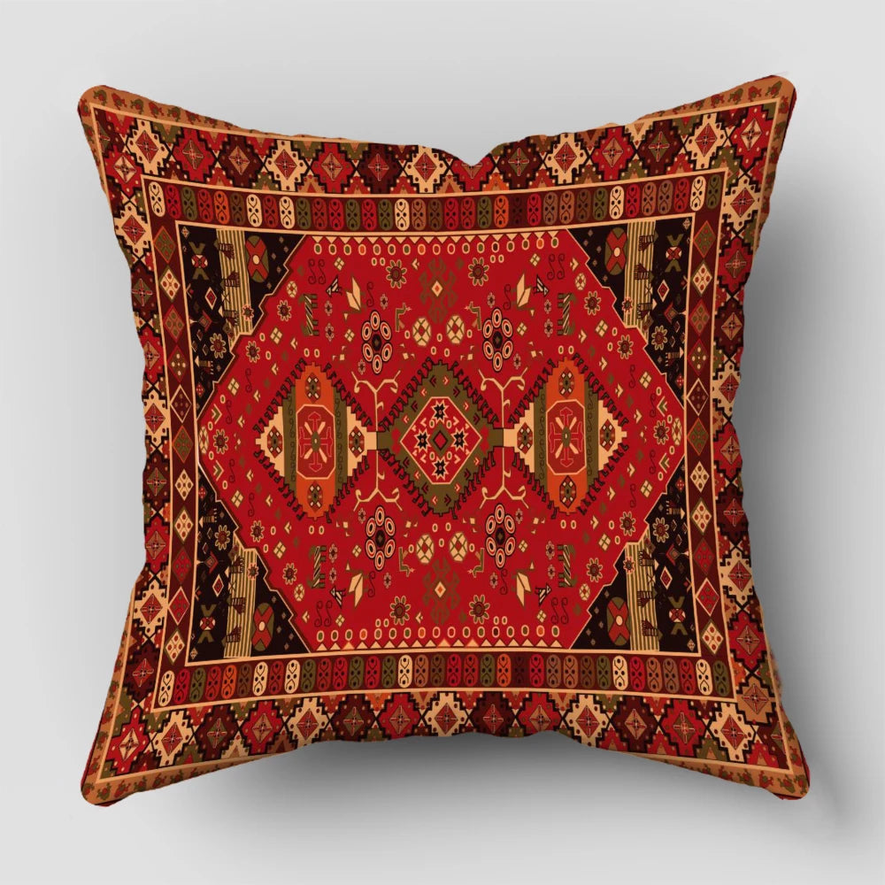 A square decorative cushion cover featuring a rich red and brown Persian geometric pattern.