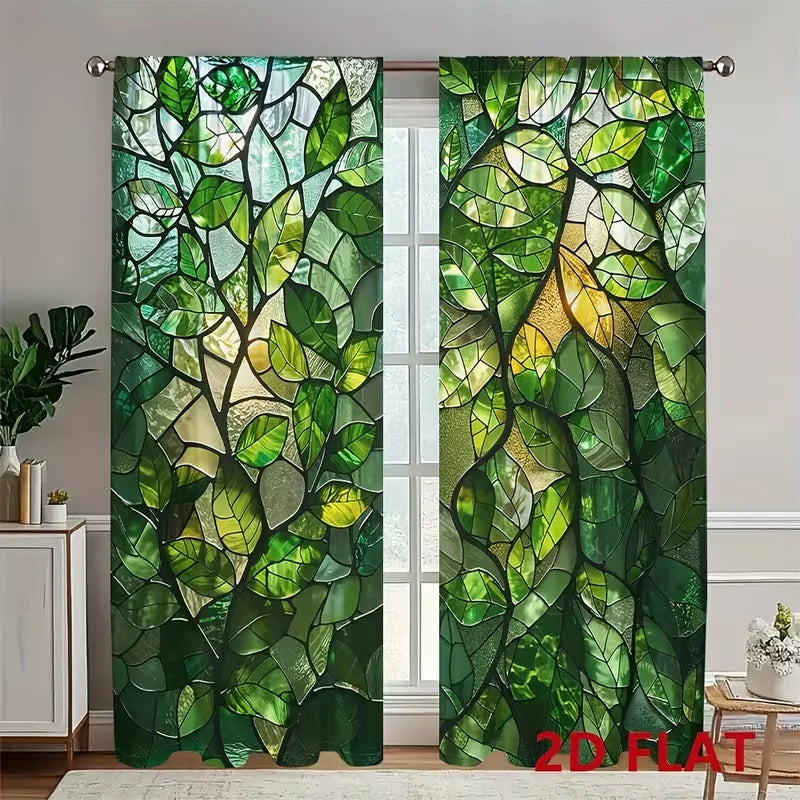 Green stained glass leaf light-filtering curtains featuring vibrant green foliage patterns