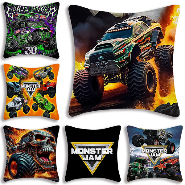 A set of five pillow covers featuring Monster Jam truck artwork and a skull design.