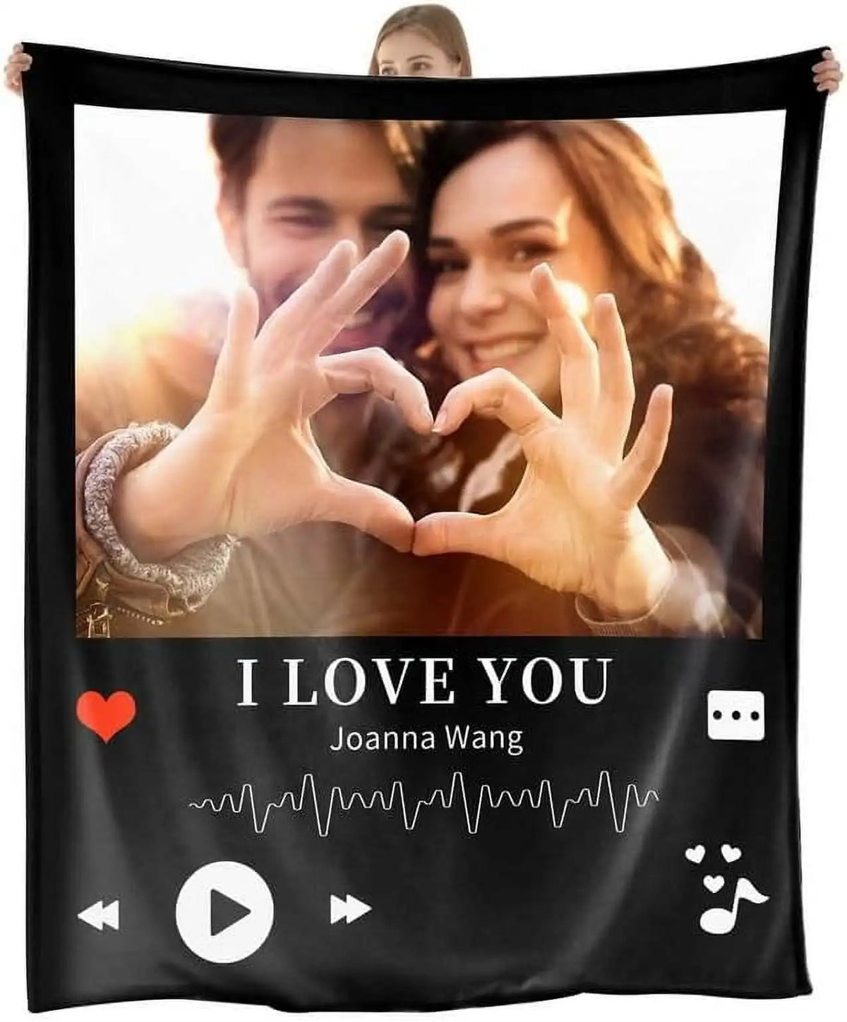 A black photo collage throw blanket featuring a picture of a man and a woman making heart signs.
