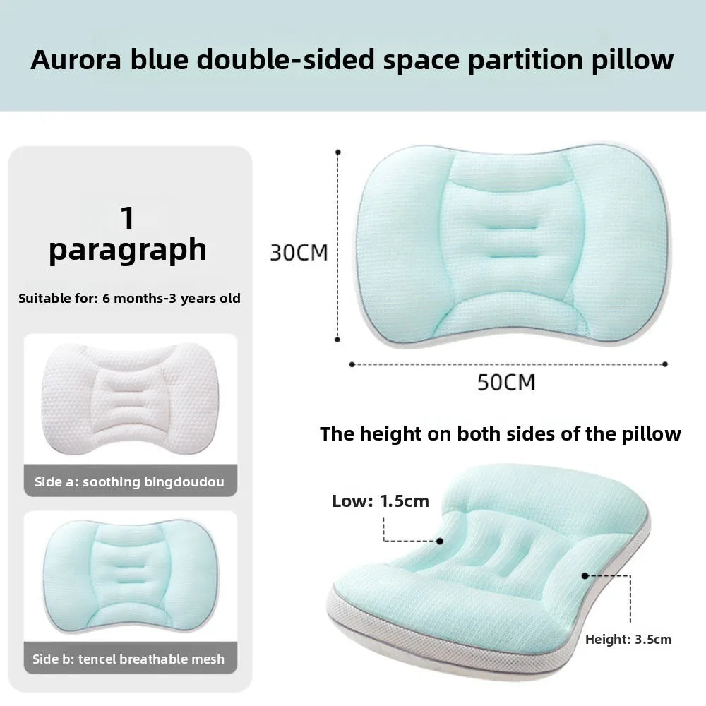 Aurora blue double-sided space partition pillow showing the dimensions and features of the soothing and tencel breathable mes