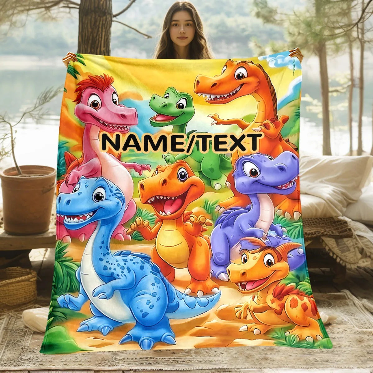 A colorful blanket featuring cartoon dinosaurs in various poses with space for personalized text.