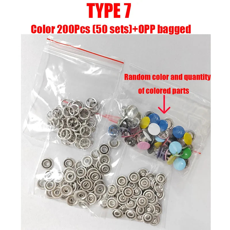 A clear plastic bag contains a set of Type 7 metal prong snap button fasteners in various colors and quantities.