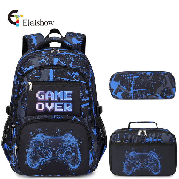 A blue and black gaming themed backpack set including a lunch bag and pencil case