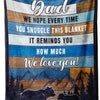 A dark blue blanket featuring text that says Dad we hope every time you snuggle this blanket it reminds you how much we love 