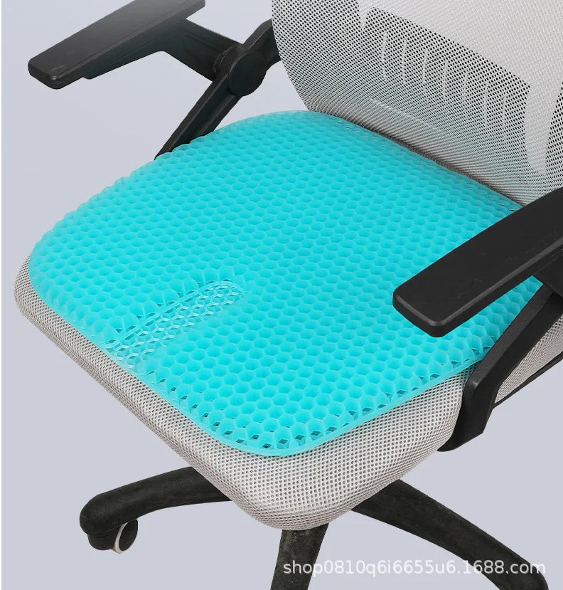 Ergonomic cooling seat cushion with a light gray frame and bright cyan mesh surface.