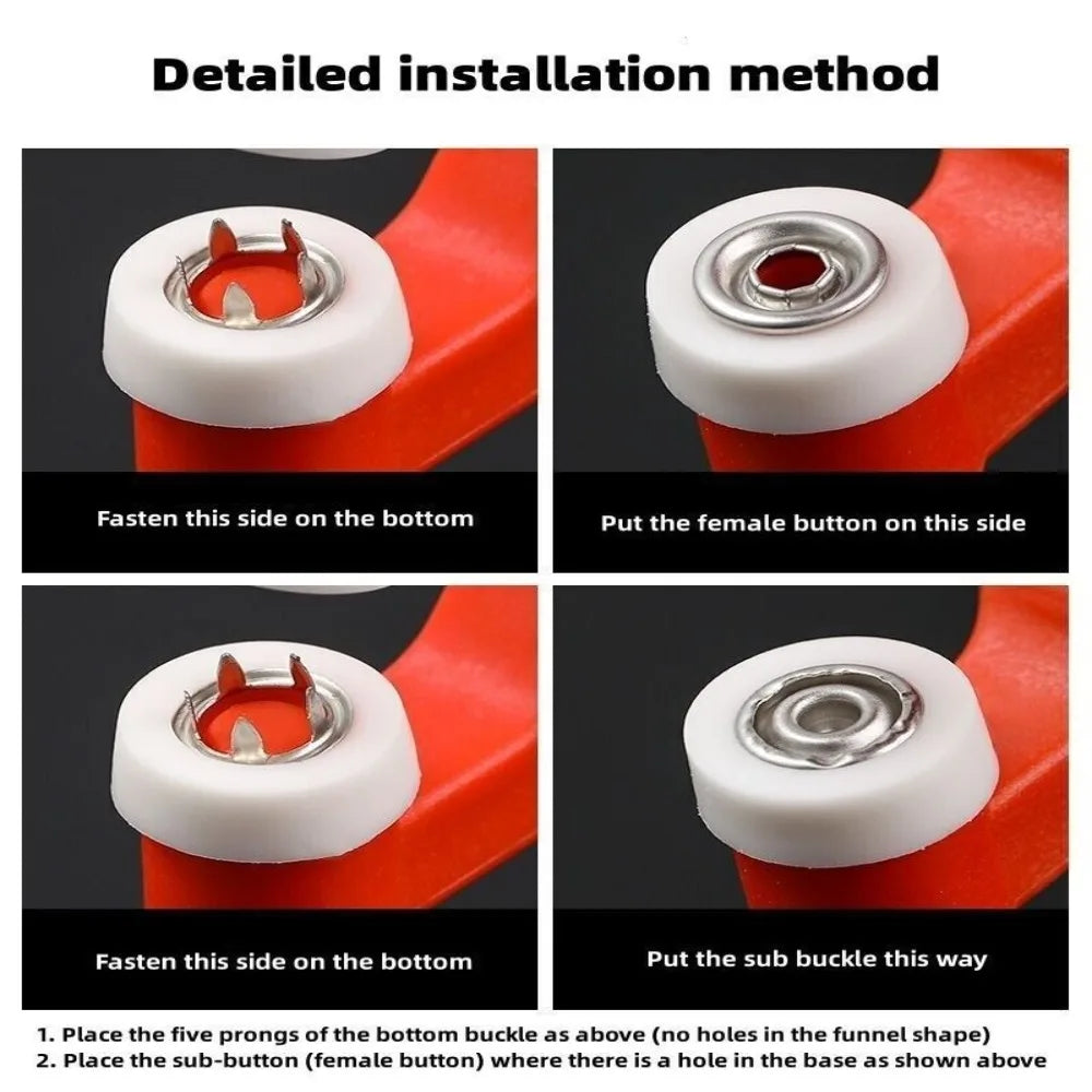 Detailed installation method showing how to fasten a bottom and put the female button on for a snap fastener.