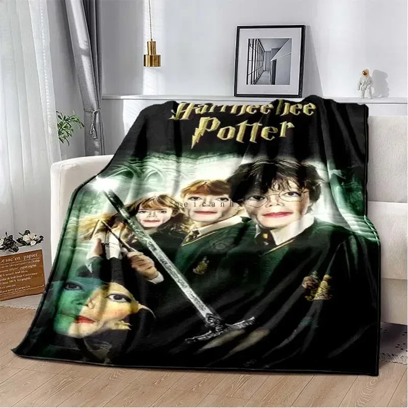 A black printed flannel blanket featuring a portrait of Harry Potter with the text Harrybee Potter