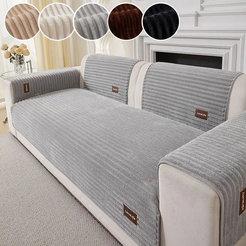 A minimalist anti-slip sofa cushion in light gray fabric with striped texture and white trim.