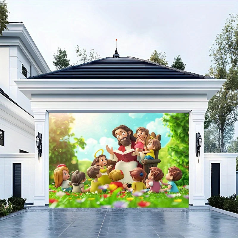 A banner featuring various religious characters and children in a bright outdoor setting.