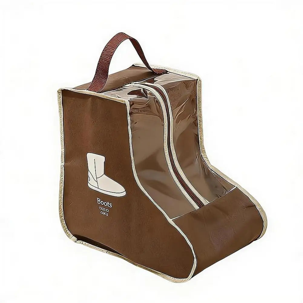 Brown boot storage bags with clear windows and carry handles.