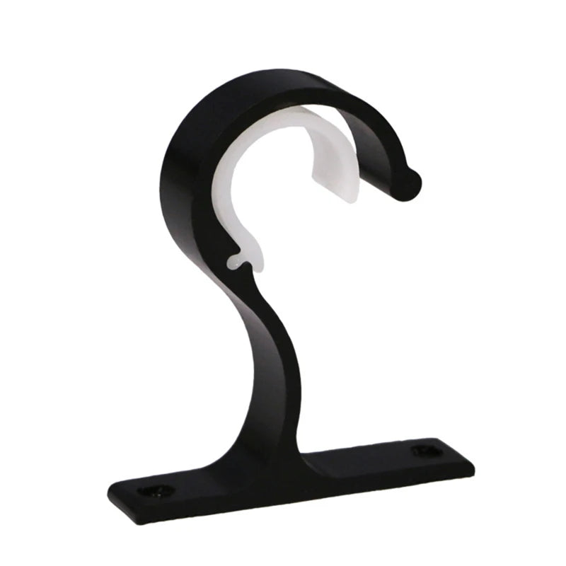 Black heavy-duty curtain rod brackets with curved hooks for hanging curtains