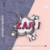 A white embroidery patch with black cloud design and pink lettering ZAP!