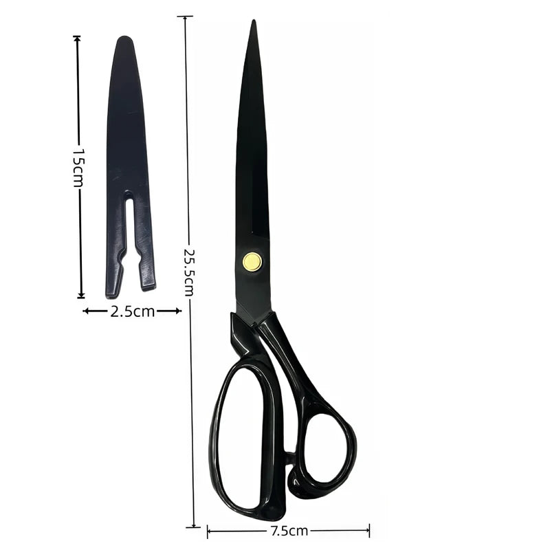 A pair of black professional heavy duty fabric scissors shown with dimension markings.