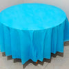 A bright blue round plastic disposable table cover spread on a white surface.