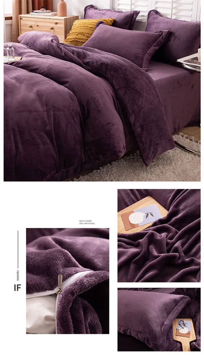 A luxurious purple flannel duvet cover set displayed on a bed, showing the texture and folds of the fabric.