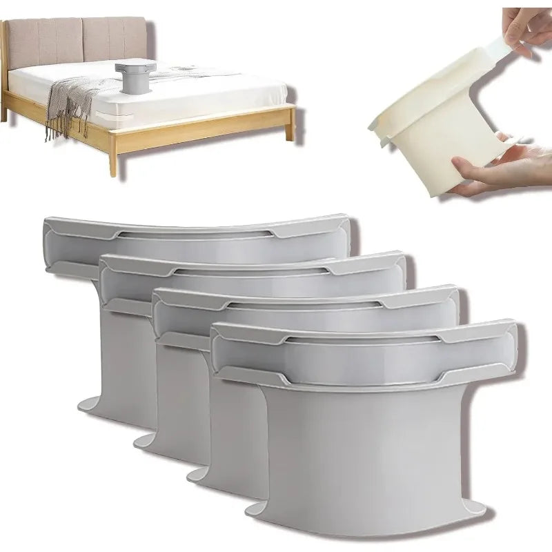 A set of four heavy duty bed sheet corner tightener clips in a light beige color are shown next to a bed and a hand demonstra
