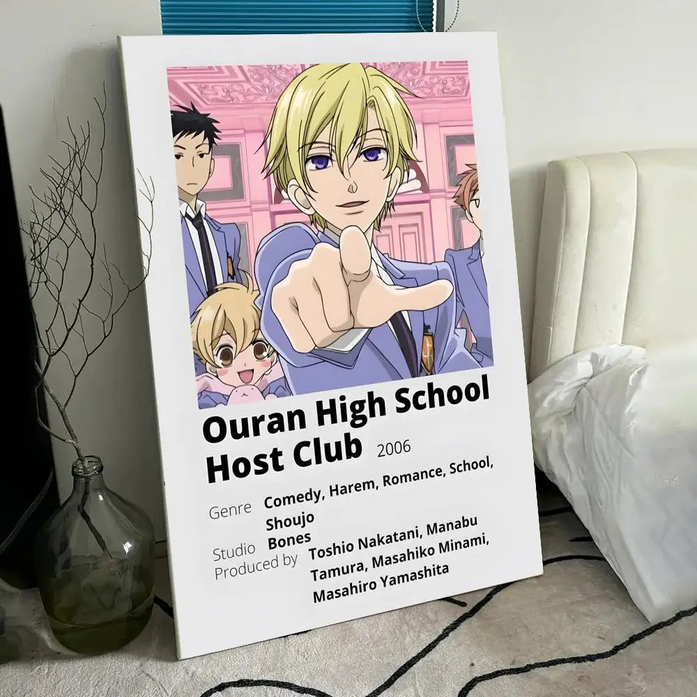 Poster for Ouran High School Host Club featuring anime characters and text on a white background