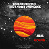 Embroidered patch of Mars with striped orange and yellow colors against a dark starry background.