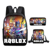 A black backpack and a matching zippered pouch featuring Roblox characters and branding.