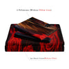 A set of bedding featuring a romantic wolf and rose print, including two pillowcases and one duvet cover.