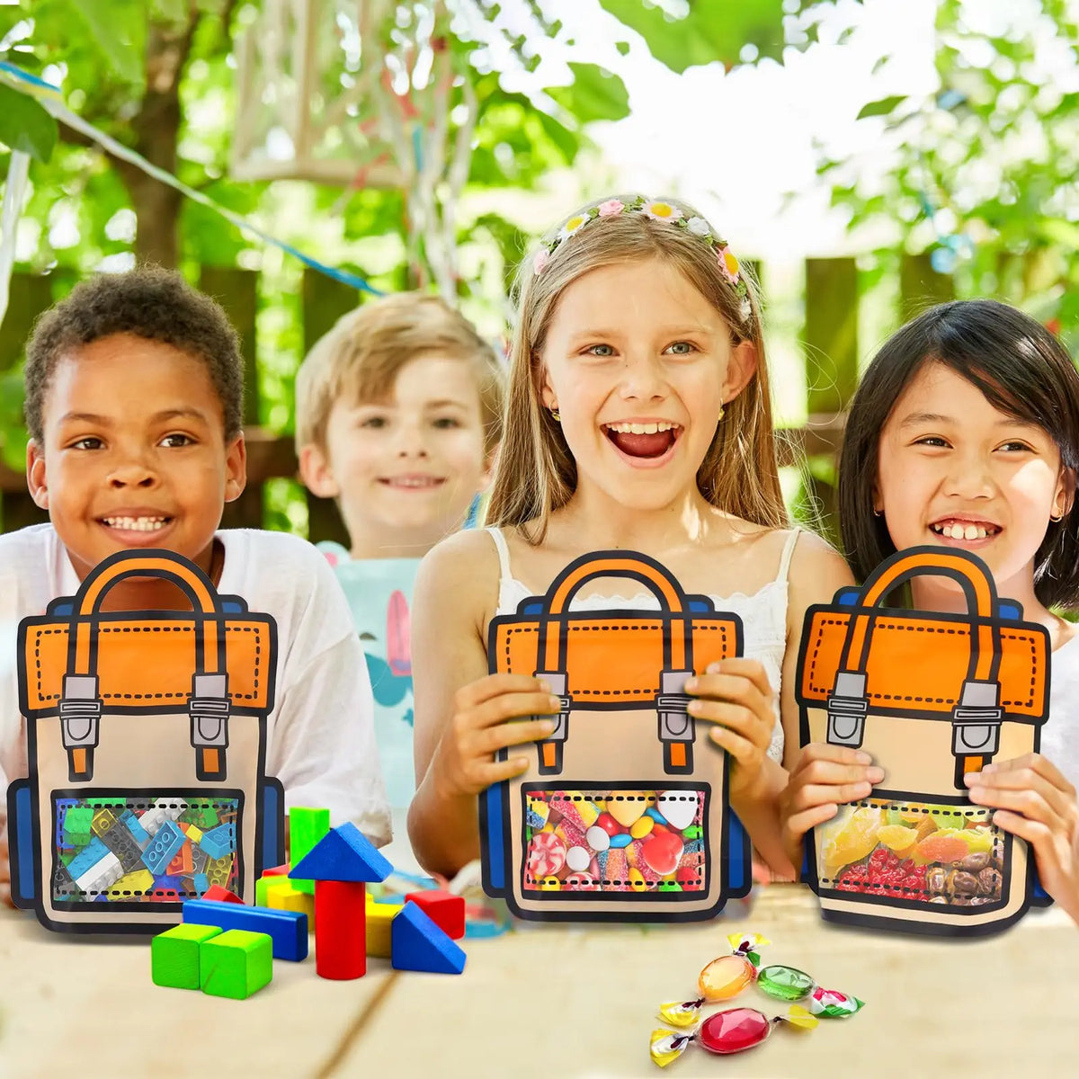 A girl holds an orange and blue cartoon birthday goodie bag with a floral crown in a bright outdoor setting.