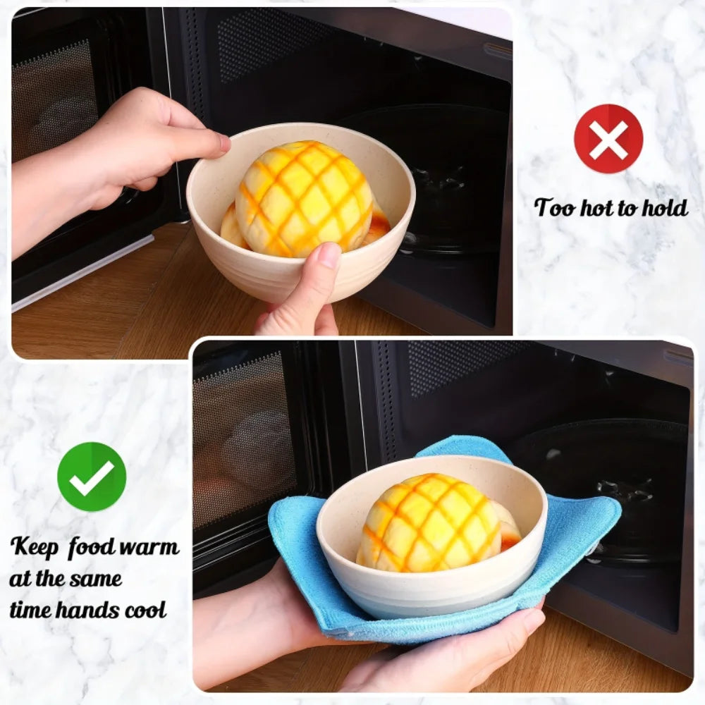 A hand holds a quilted microwave bowl cozy with food inside, demonstrating how to keep food warm at the same time hands cool.
