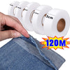 A hand is unwrapping a roll of white heat-resistant interlining tape, showing various thicknesses and a large 120 meter quant