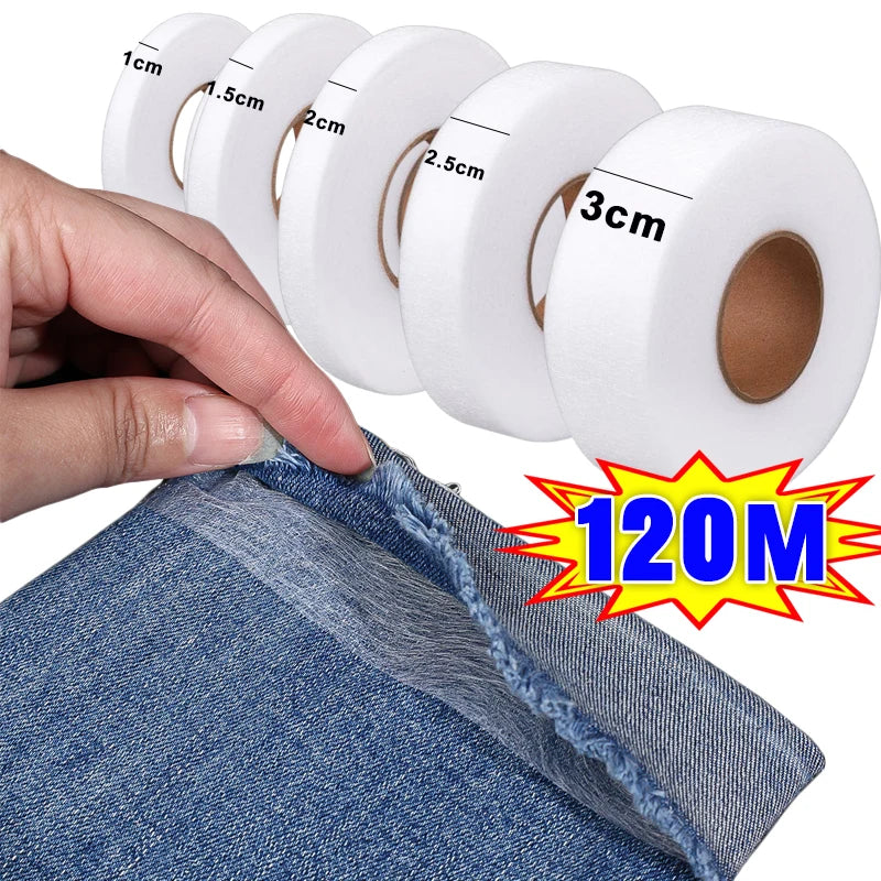A hand is unwrapping a roll of white heat-resistant interlining tape, showing various thicknesses and a large 120 meter quant
